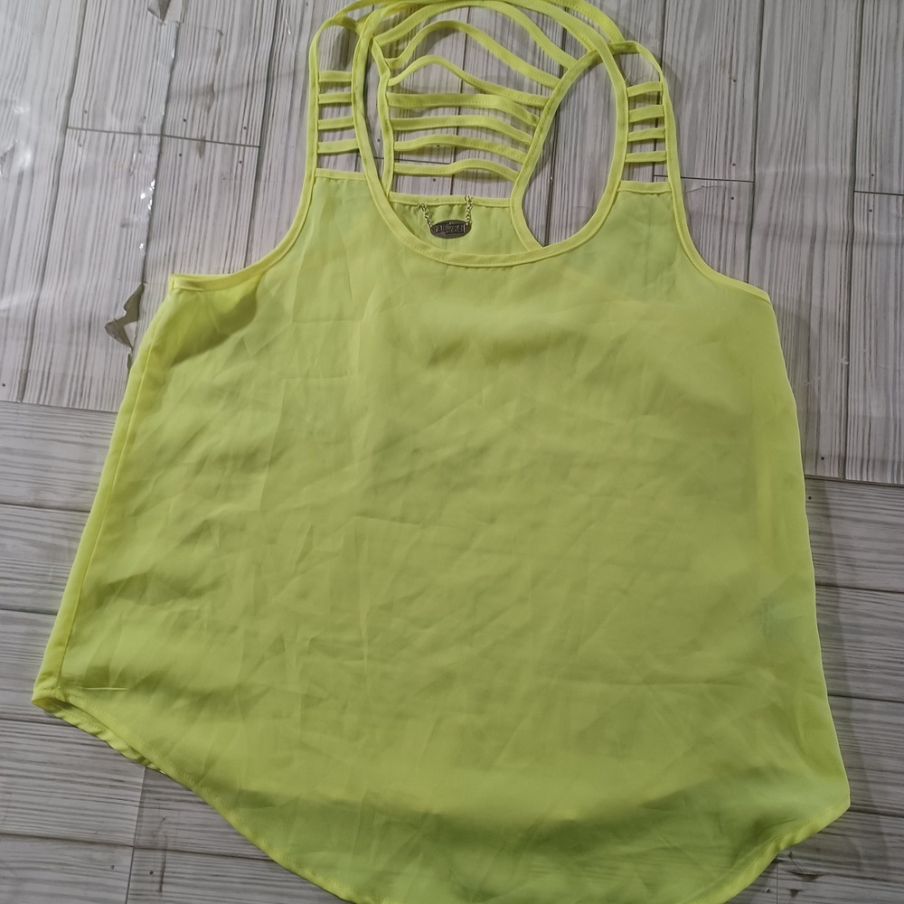 Ali & Kris Neon Yellow Strappy Cage Back Tank Top Blouse Small PA2010-AK